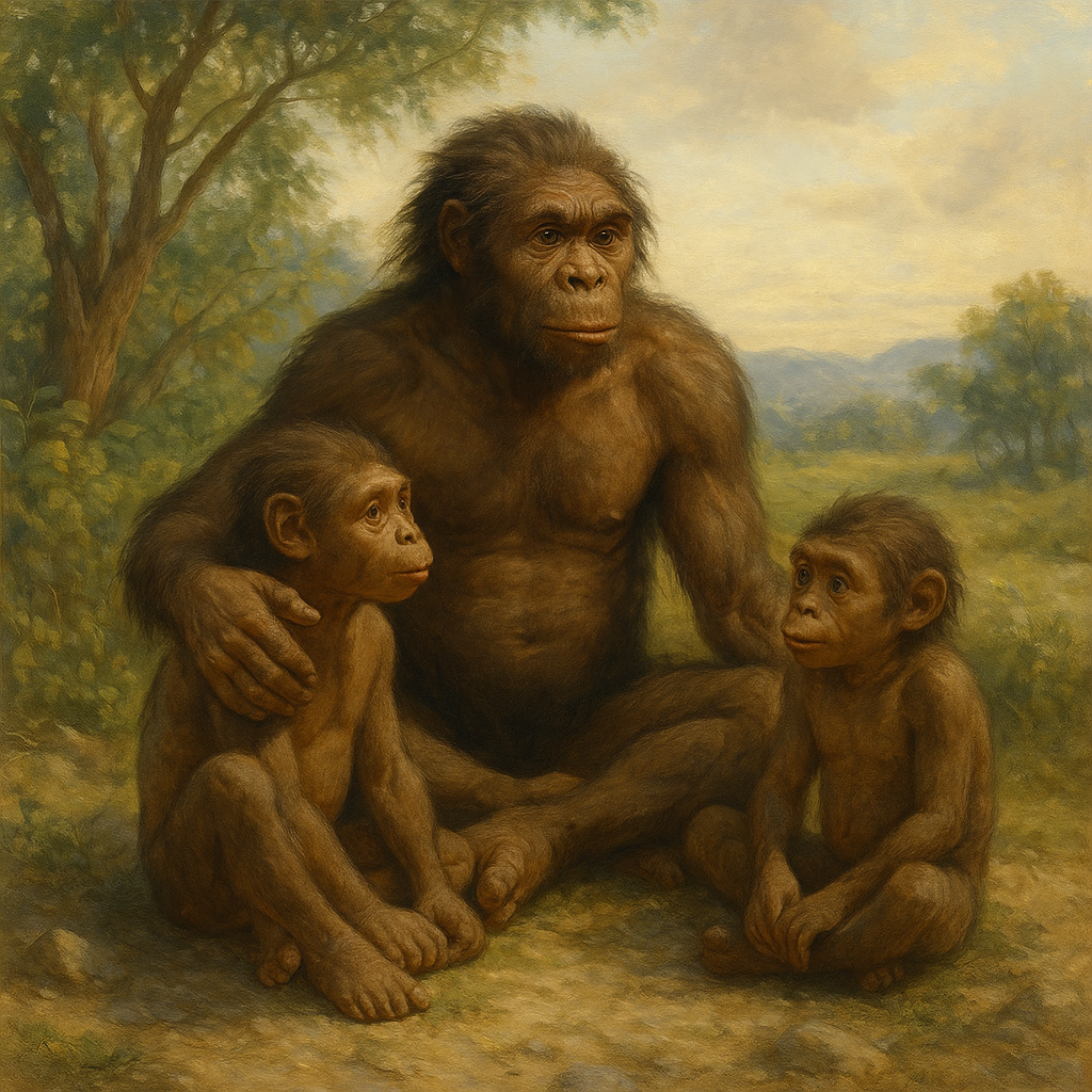 An early hominin seated with two juvenile offspring in a natural landscape, illustrating ancestral social bonding and intentional parenting.