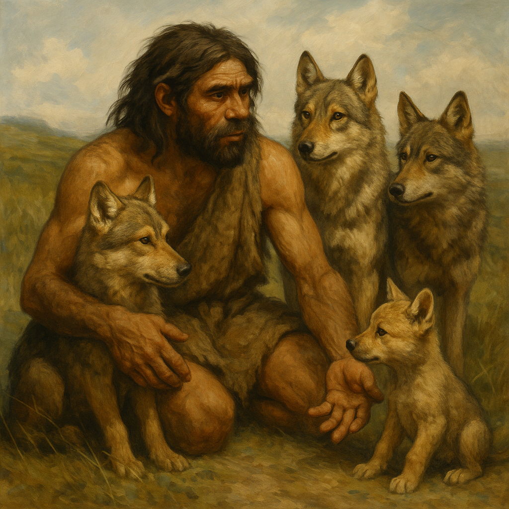 A prehistoric human seated closely among four attentive wolf-like dogs in a natural landscape, evoking the origins of animal domestication.