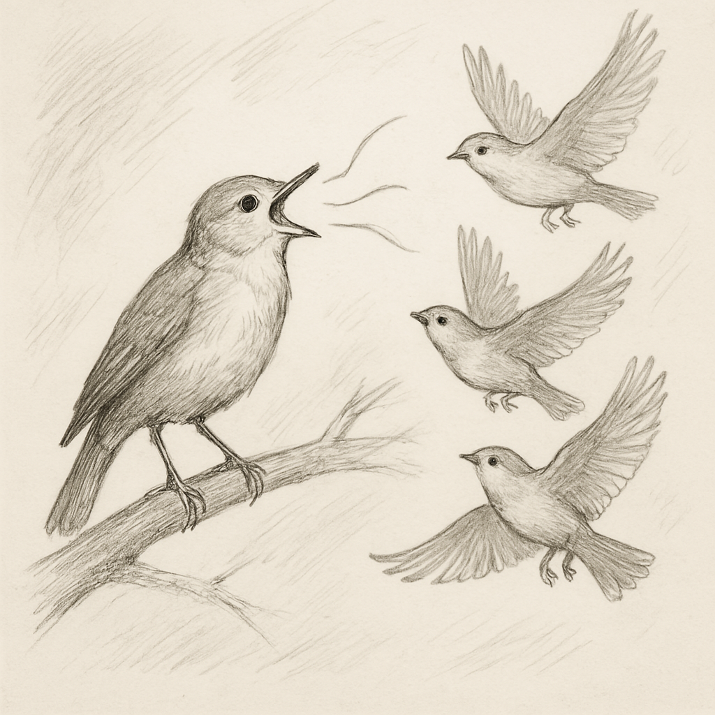 A songbird on a branch vocalizing toward three flying birds, sketched in fine pencil lines.