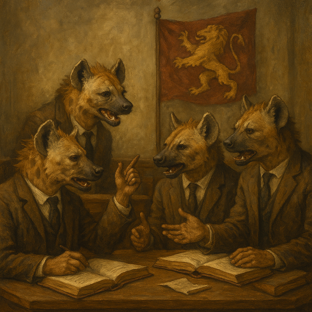 A traditional-style oil painting depicting four men with hyena heads debating and passing legislation beneath a flag bearing a lion emblem — symbolising John Searle’s myth of cooperation and the anthropocentric origins of human institutions.